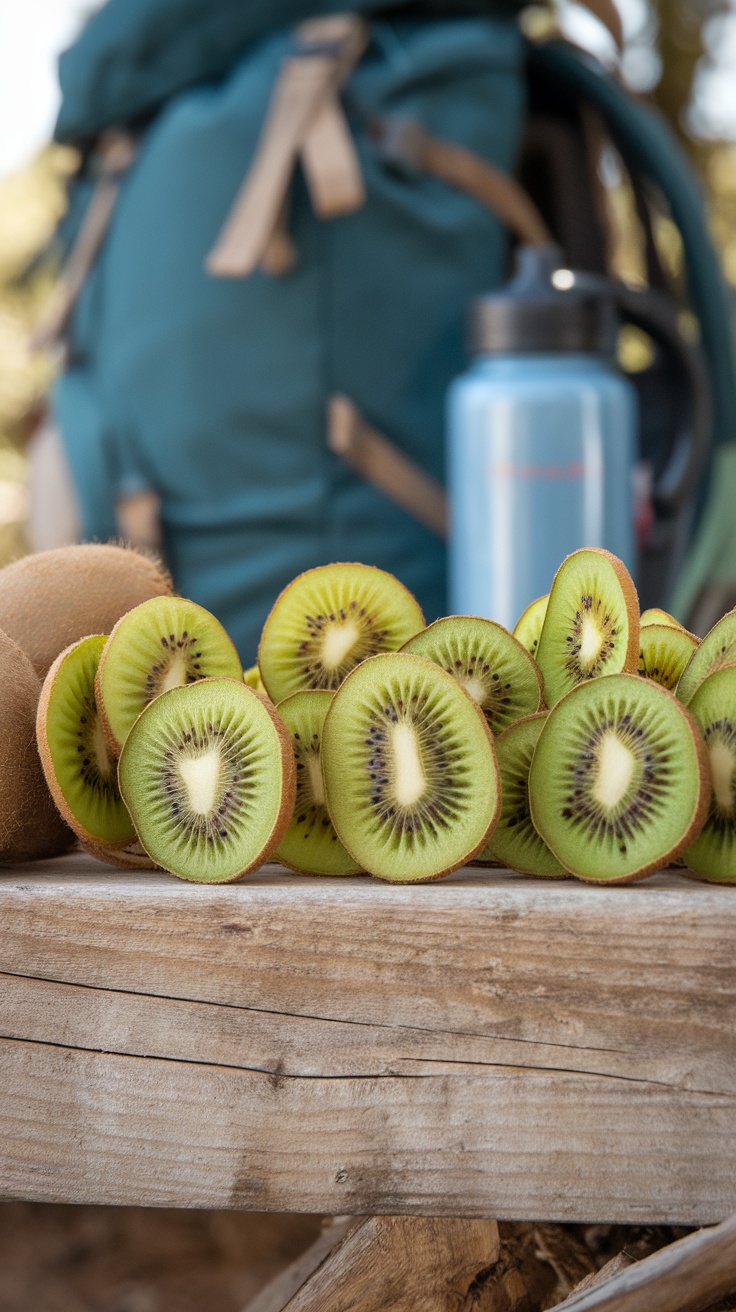Dried kiwi slices on a wooden surface with hiking gear in the background.